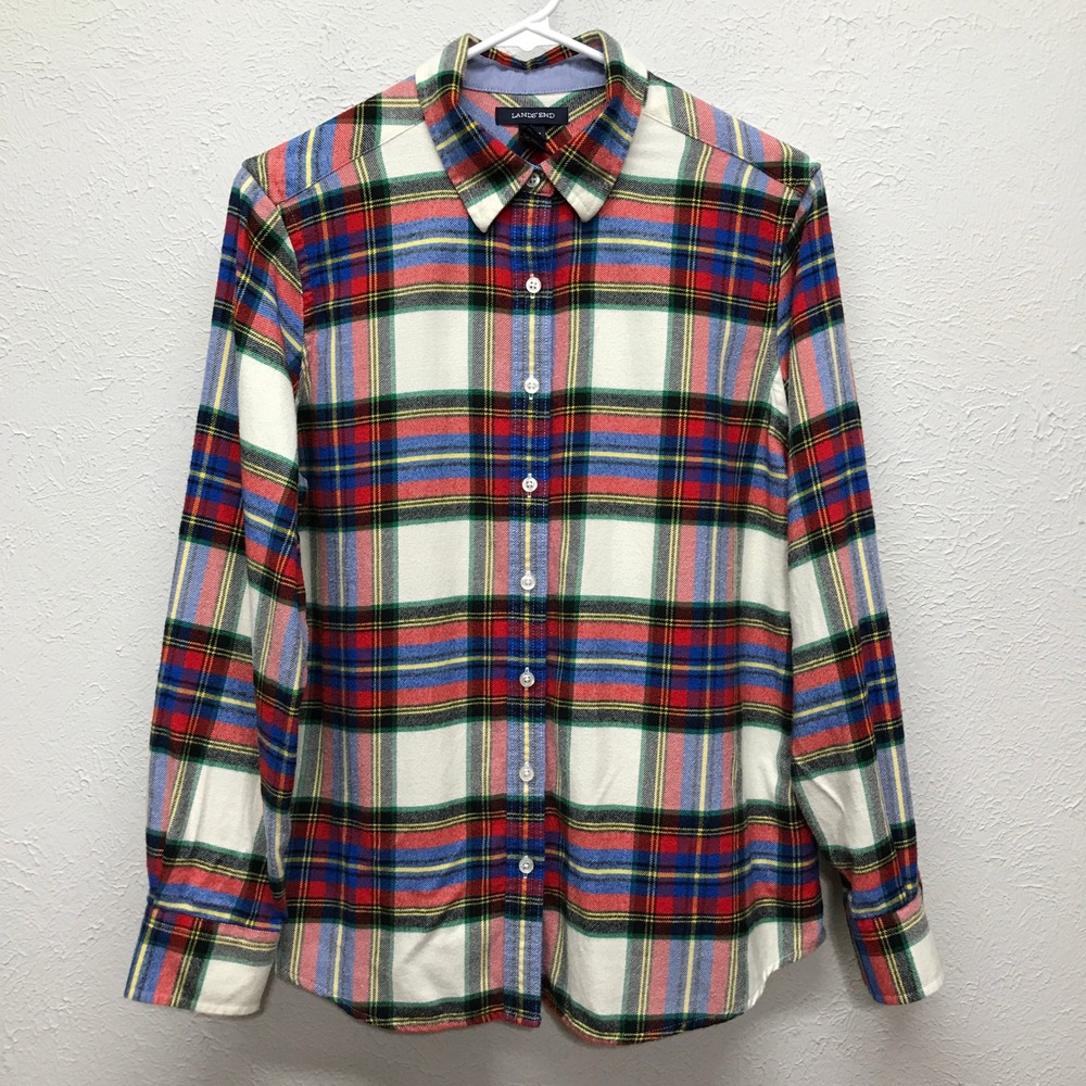 Lands'‎ End Flannel Shirt Womens M 10-12 Multi-Color Plaid Long Sleeve
